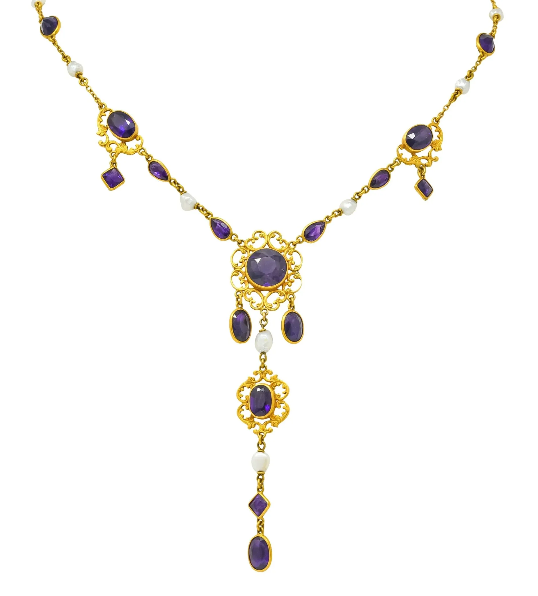 1890 Victorian Amethyst Pearl 14 Karat Gold Drop Necklace