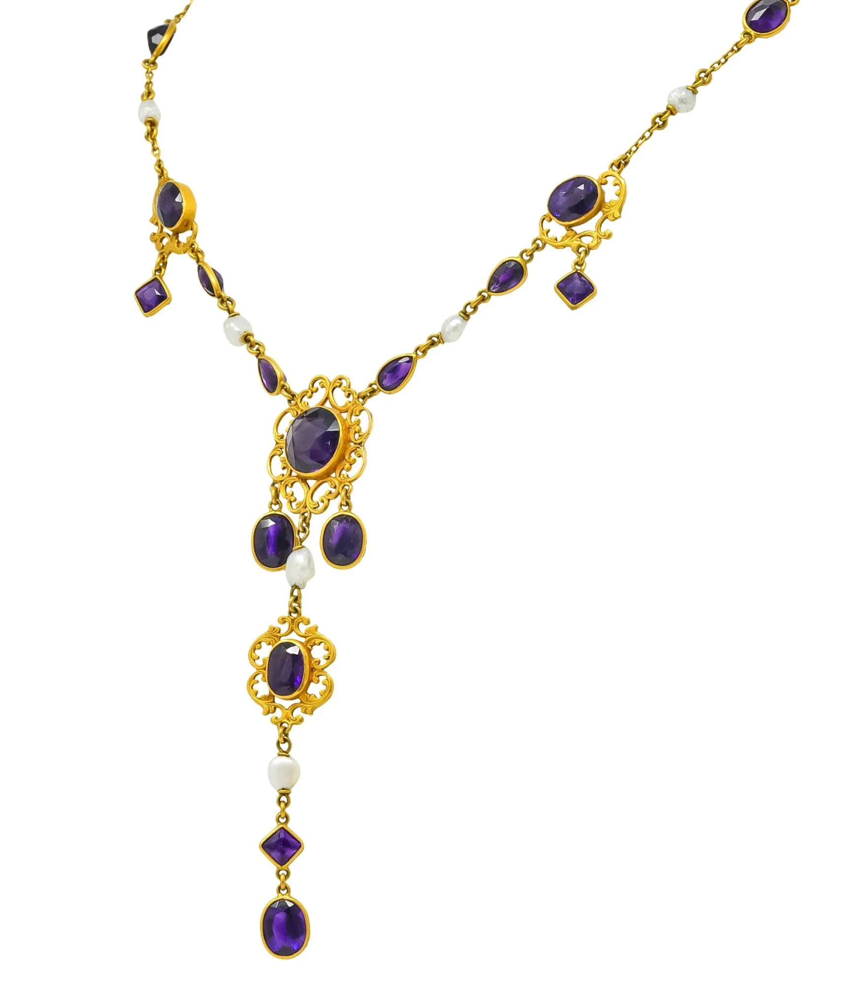 1890 Victorian Amethyst Pearl 14 Karat Gold Drop Necklace