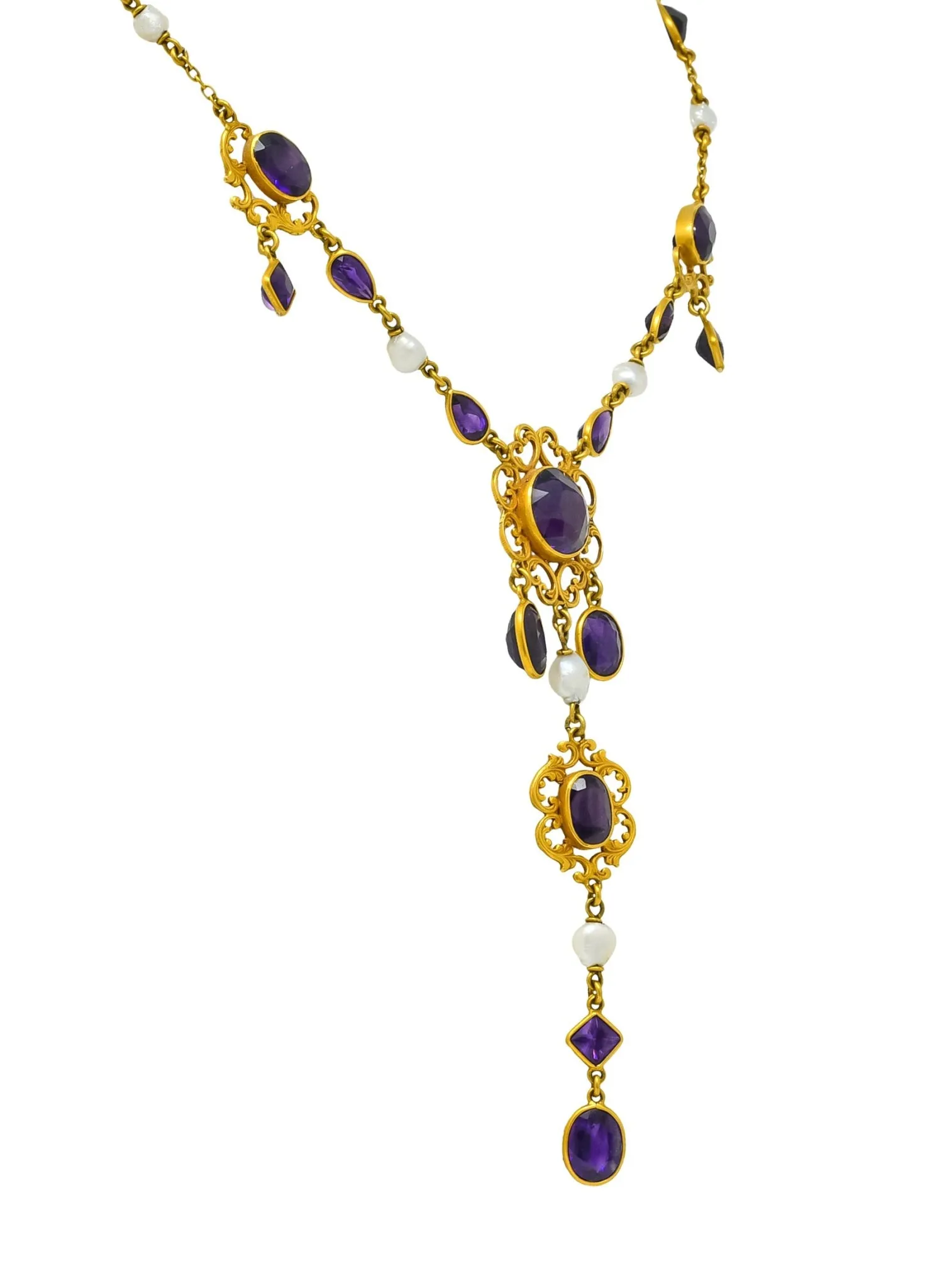 1890 Victorian Amethyst Pearl 14 Karat Gold Drop Necklace