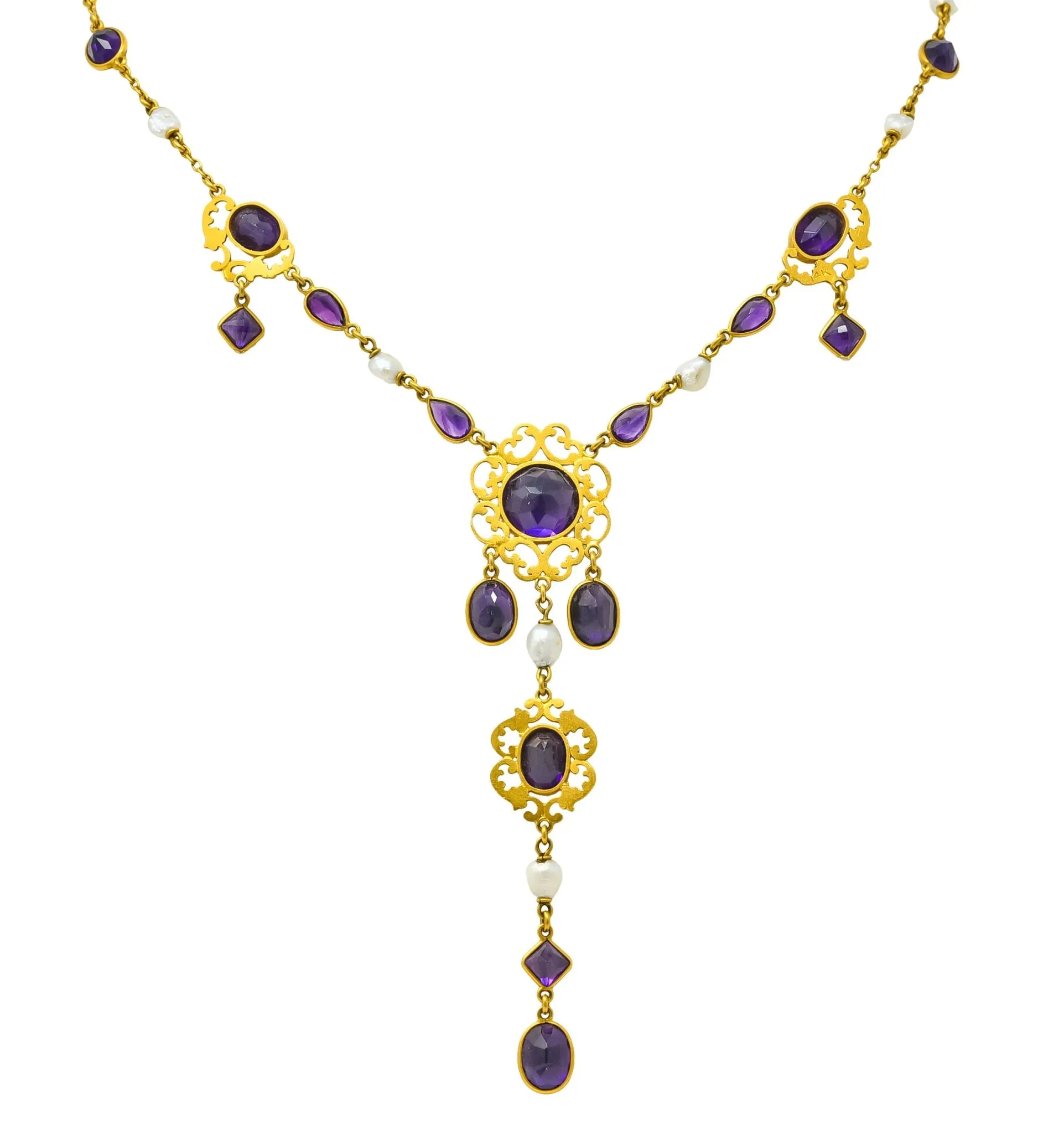 1890 Victorian Amethyst Pearl 14 Karat Gold Drop Necklace