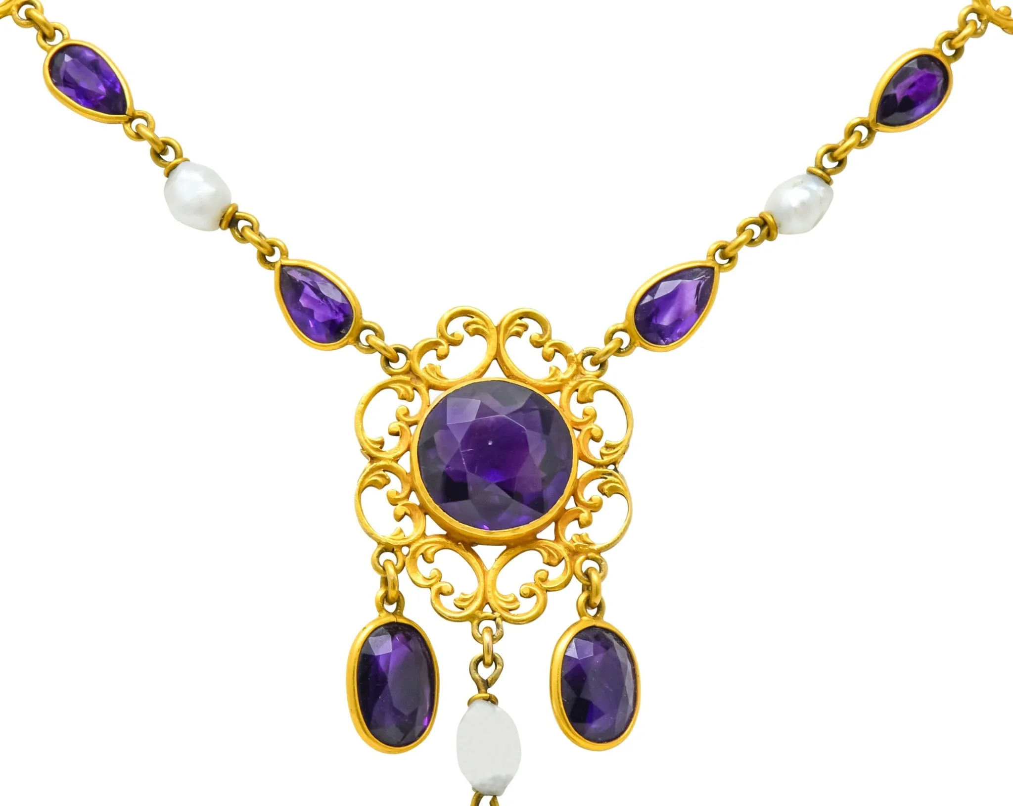 1890 Victorian Amethyst Pearl 14 Karat Gold Drop Necklace