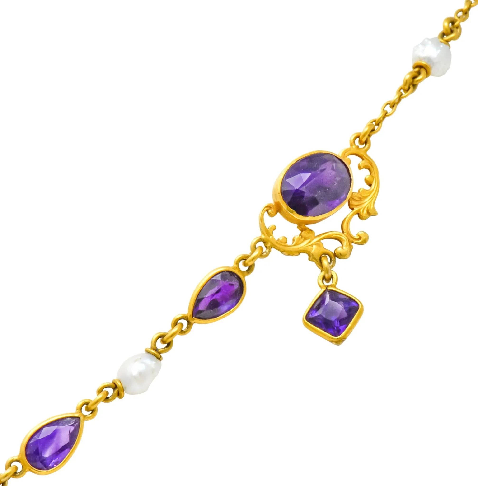 1890 Victorian Amethyst Pearl 14 Karat Gold Drop Necklace