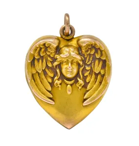 1900 Victorian 14 Karat Gold Angel Heart Locket Pendant