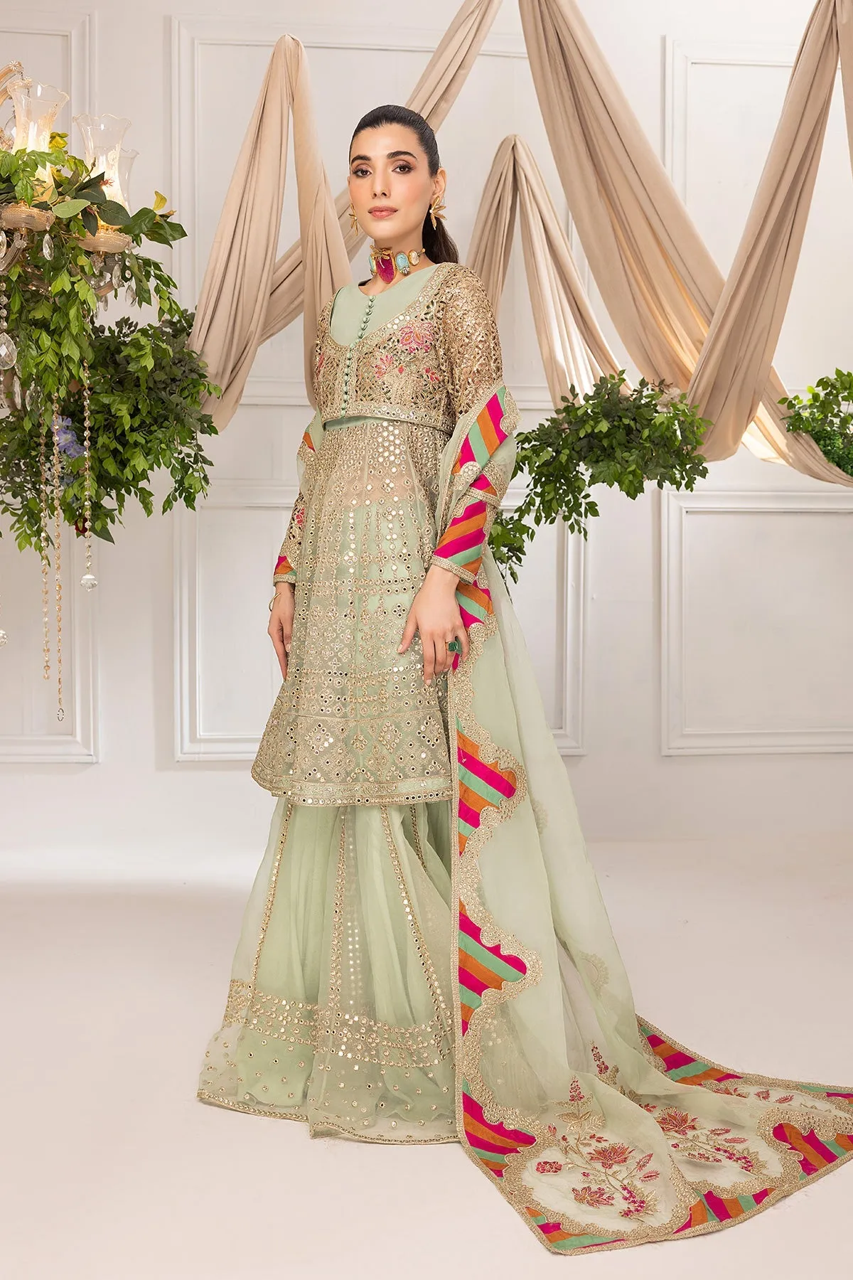 3-Pc Embrioidered Organza Shirt with Embroidered Sharara and Organza Dupatta STM-3-08