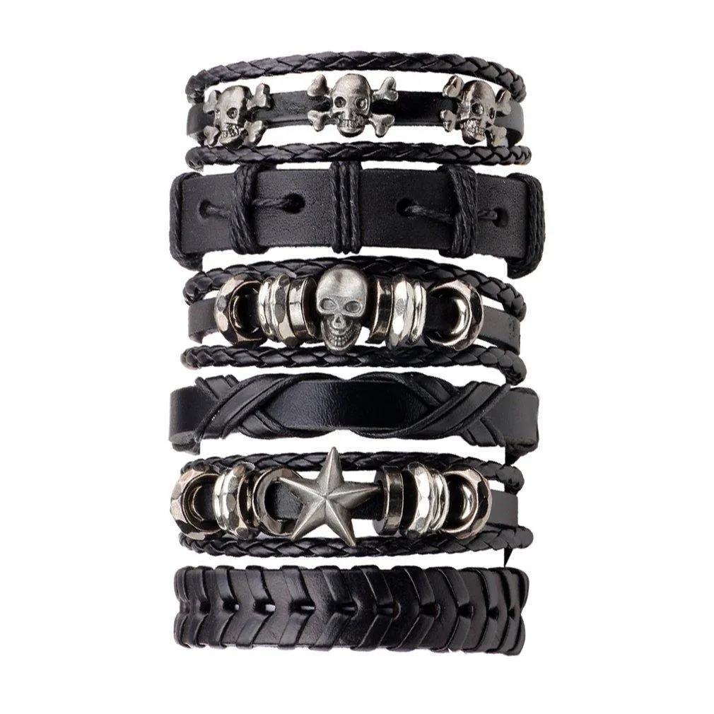 6 Piece Handmade Leather Braided Skull Bracelet