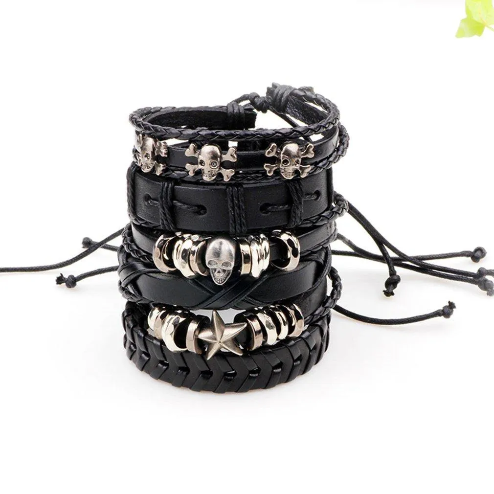 6 Piece Handmade Leather Braided Skull Bracelet