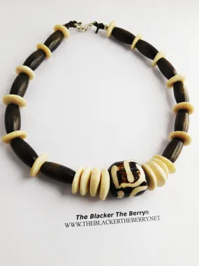 African Choker Necklaces Wooden Ethnic Beads Cream Brown