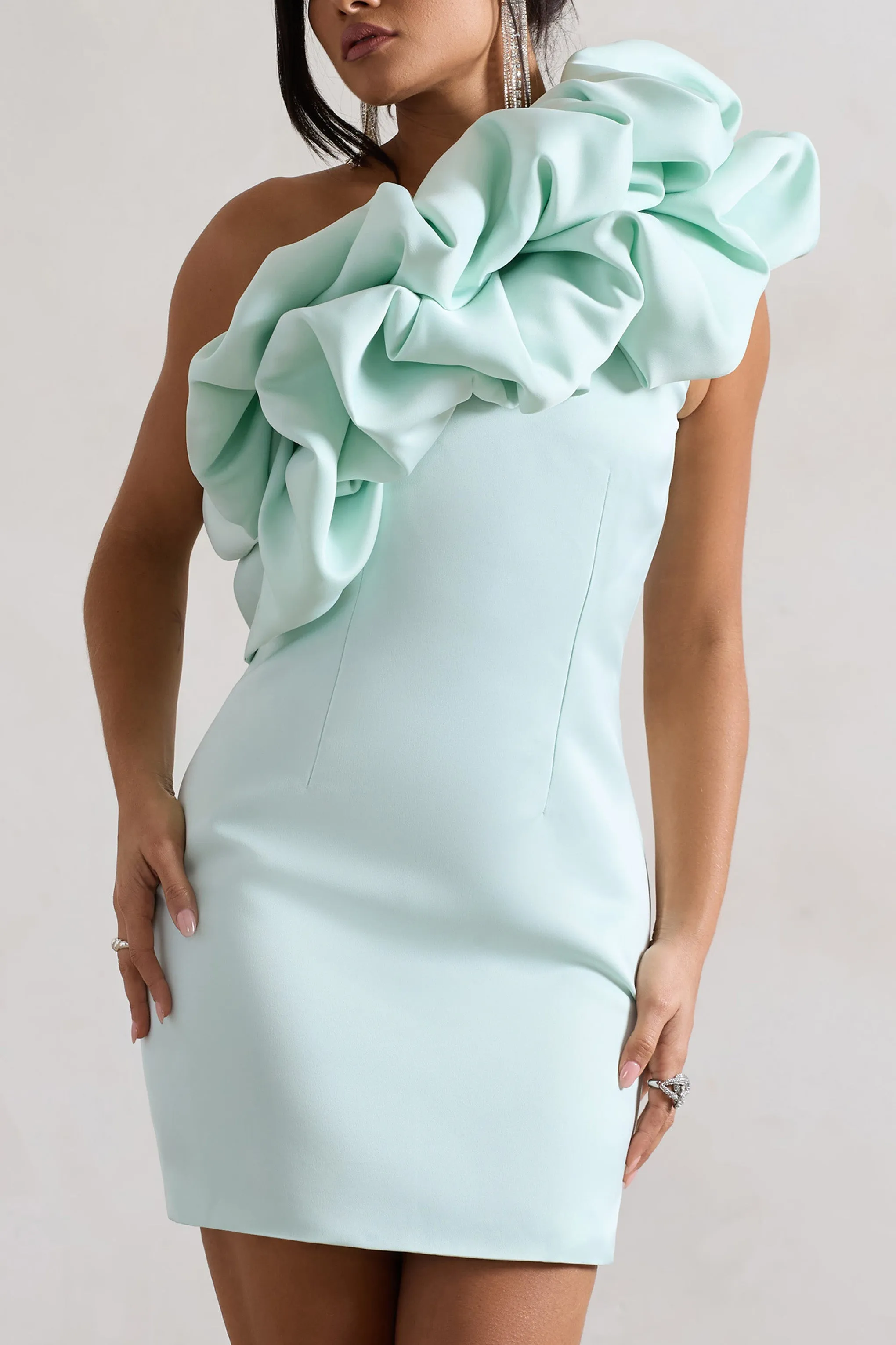 At The Opera | Mint Satin One Shoulder Ruffled Mini Dress