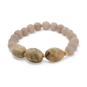 Beige Stone Beaded Stretch Bracelet with Three Oval Stone