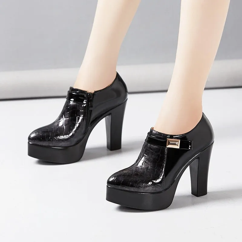 Block Heel Deep Mouth Platform Pumps Leather Women Shoes 2023 High Heels Shoes Ladies Office Party Shoe Plus Size 33-43