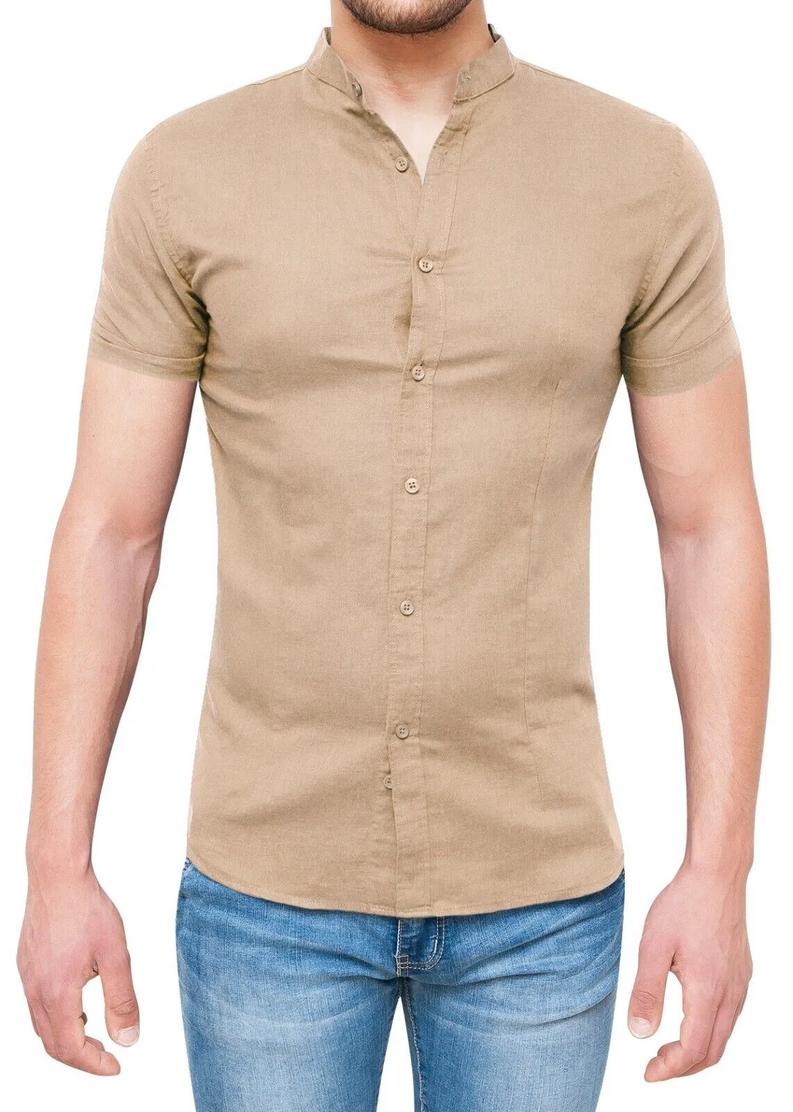 Camicia lino uomo Sartoriale maniche corte casual estiva beige slim fit