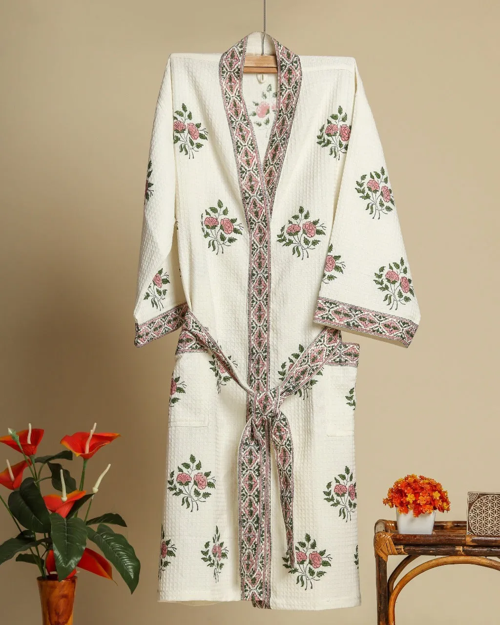 Elegant Hand Block Print Waffle Cotton Bathrobe (BROB03)