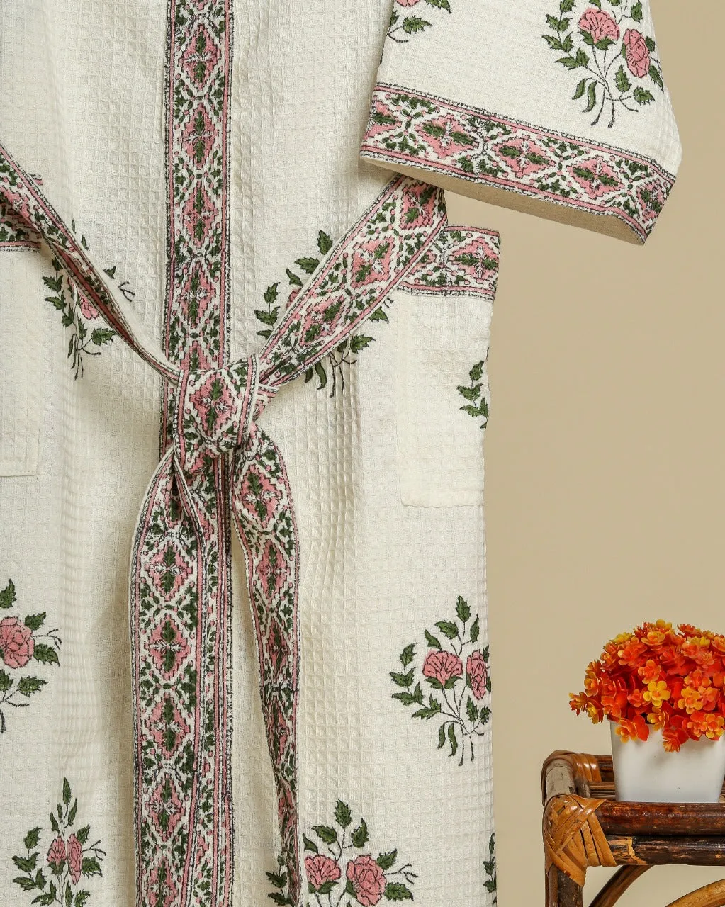 Elegant Hand Block Print Waffle Cotton Bathrobe (BROB03)