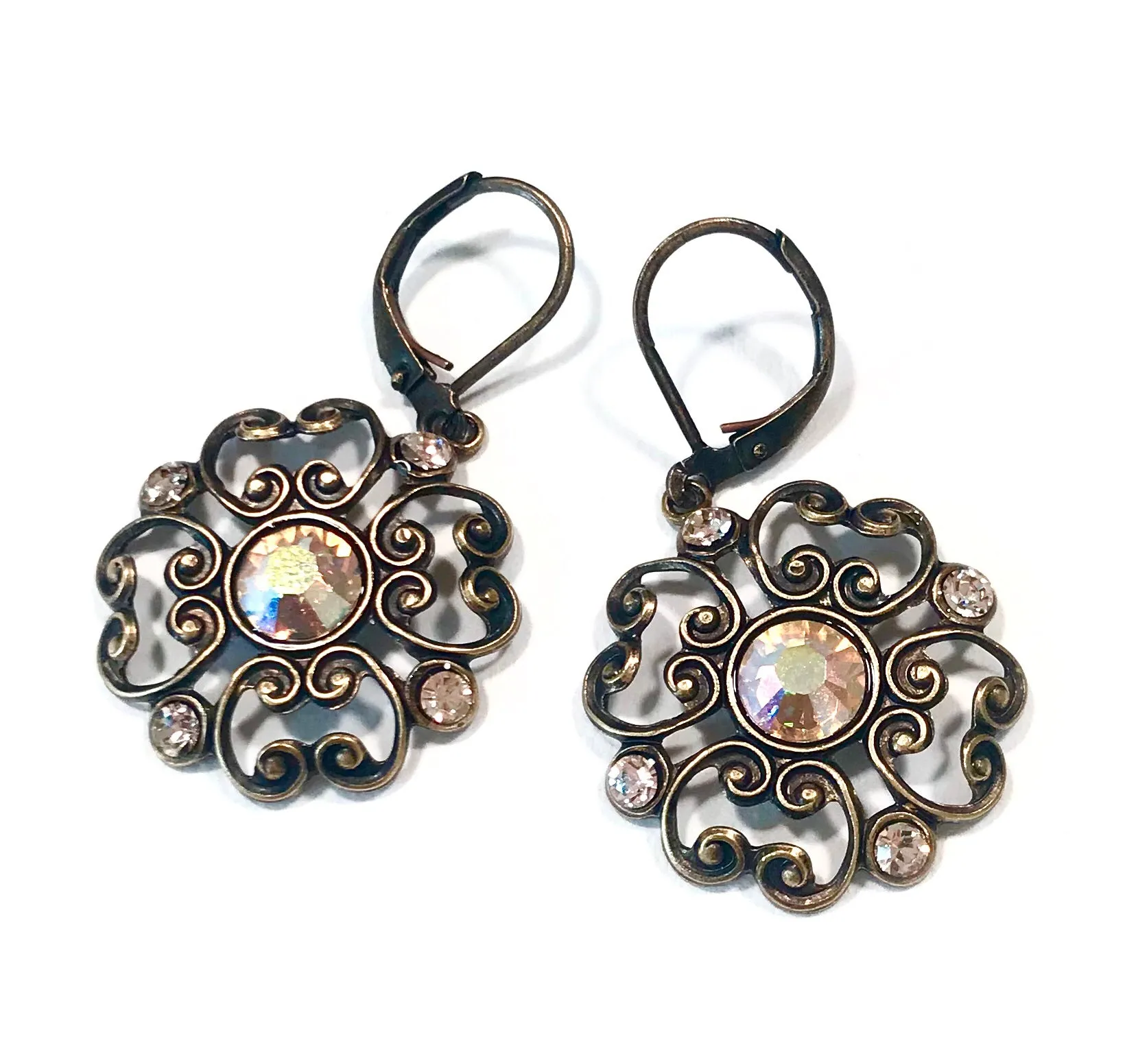 Filigree Earrings - Silk  Crystal - Brass Leverbacks