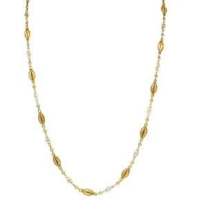 French Victorian 18 Karat Yellow Gold Heart Navette Link Antique Chain Necklace