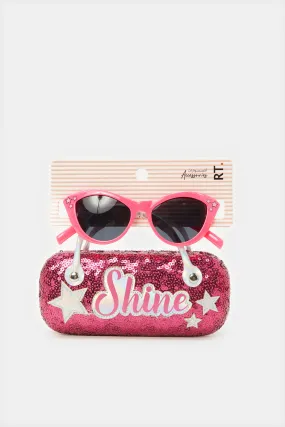 Girls Pink Cat Sunglasses With Embellished Case (2 Piece)