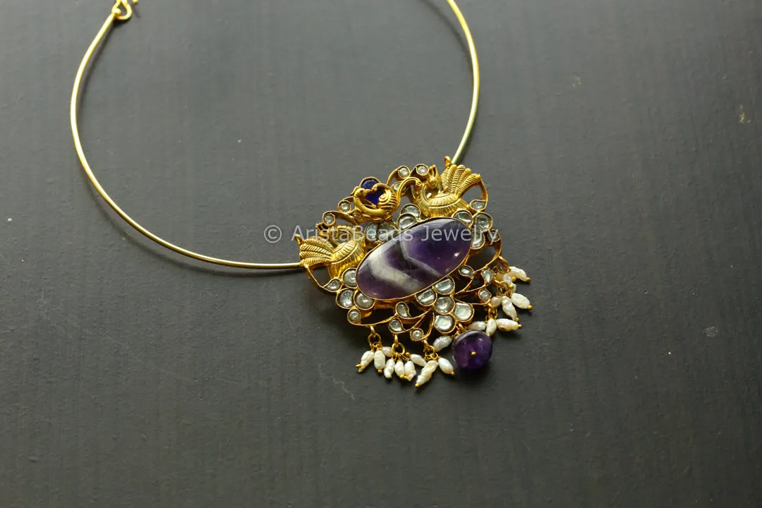 Handmade Fusion Jadau Pendant -Amethyst (Hasli Removable)