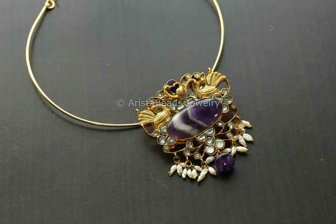 Handmade Fusion Jadau Pendant -Amethyst (Hasli Removable)