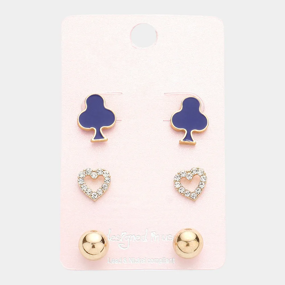 iLLASPARKZ 3Pairs - Clover Crystal Heart Metal Ball Stud Earrings