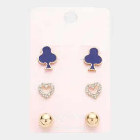 iLLASPARKZ 3Pairs - Clover Crystal Heart Metal Ball Stud Earrings