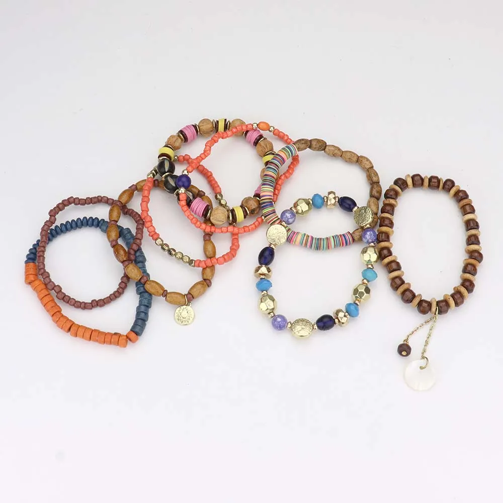 iLLASPARKZ 9PCS - Mother of Pearl Charm Wood Beaded Stretch Bracelets