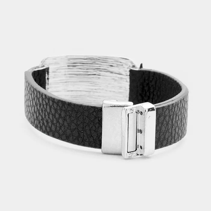 iLLASPARKZ Pave Rhinestone Curved Rectangle Leather Magnetic Bracelet