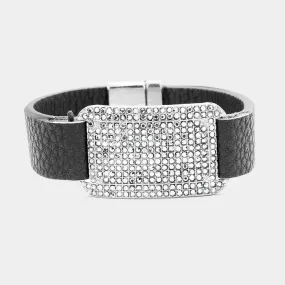 iLLASPARKZ Pave Rhinestone Curved Rectangle Leather Magnetic Bracelet