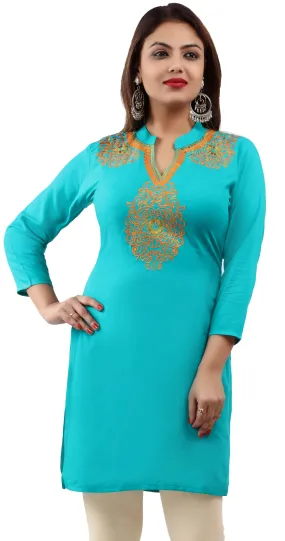 India Women's Tunic Top Kurti Embroidered Indian Clothing (Turquoise)