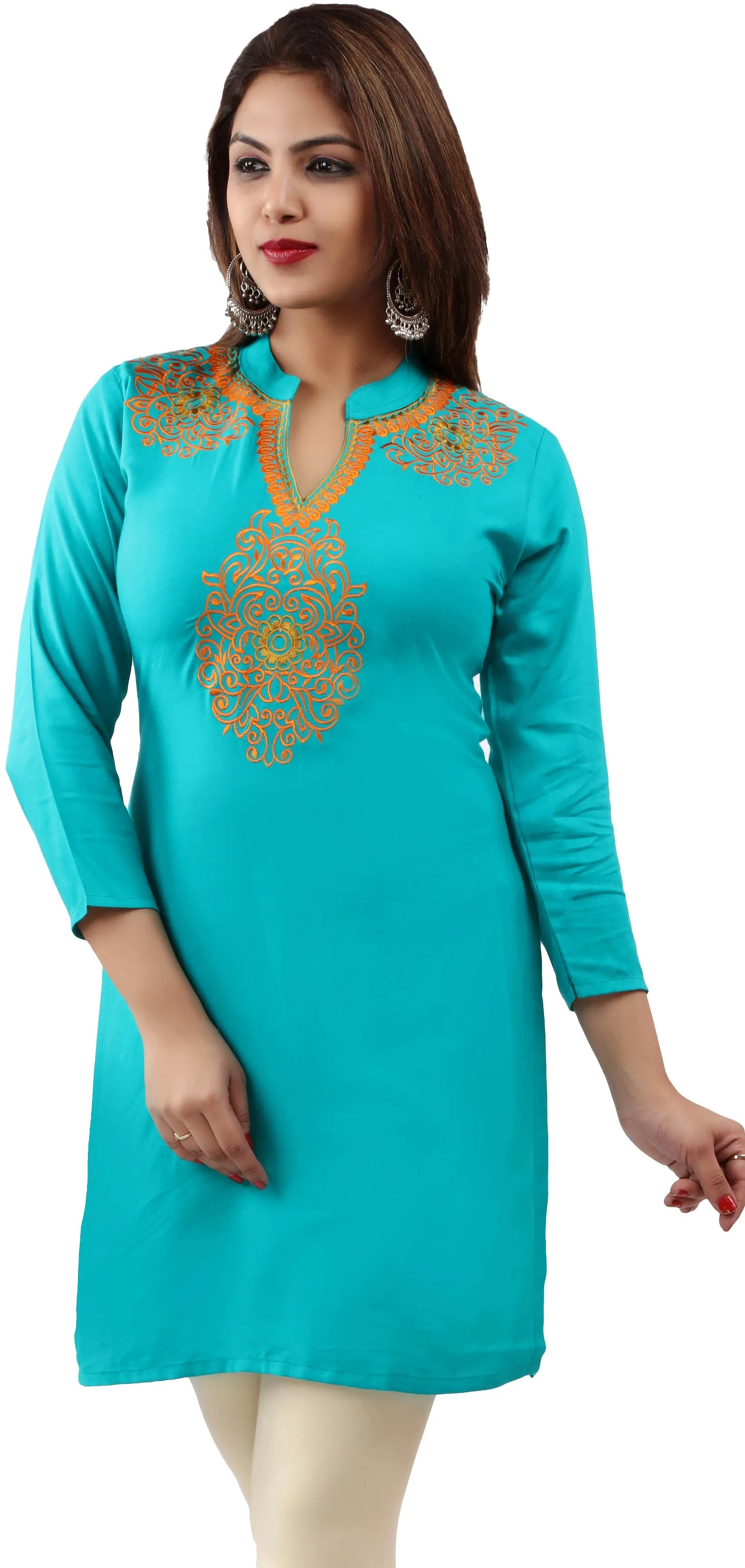 India Women's Tunic Top Kurti Embroidered Indian Clothing (Turquoise)