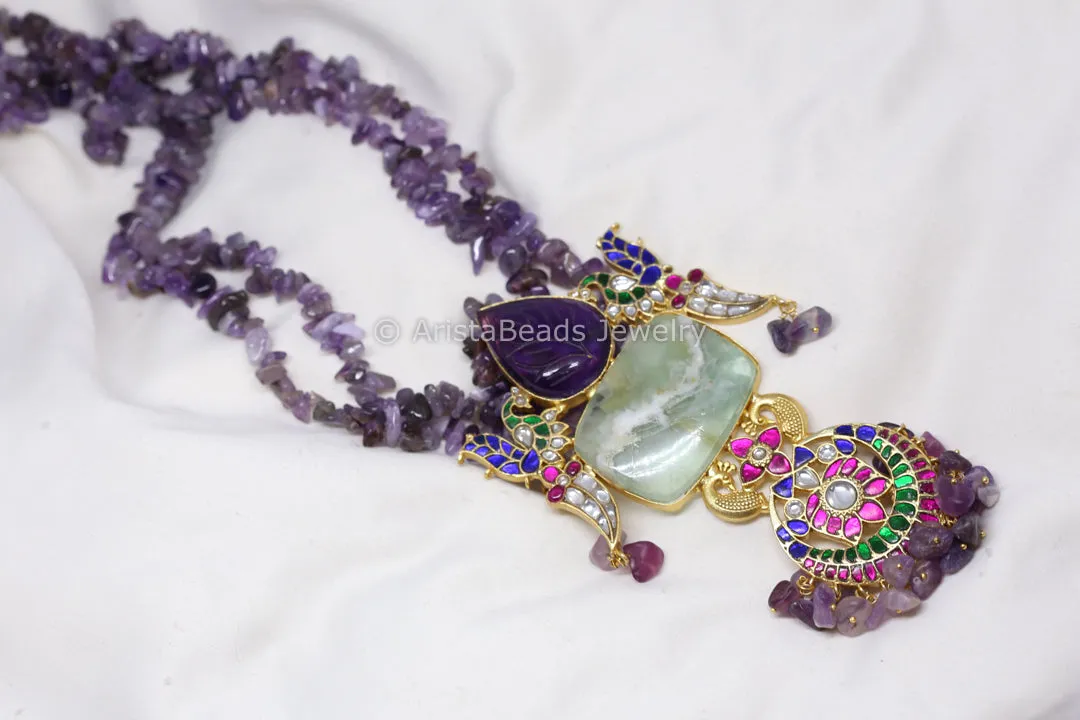 Jadau Fusion Pendant (Removable) Necklace - Amethyst & Flourite Quartz