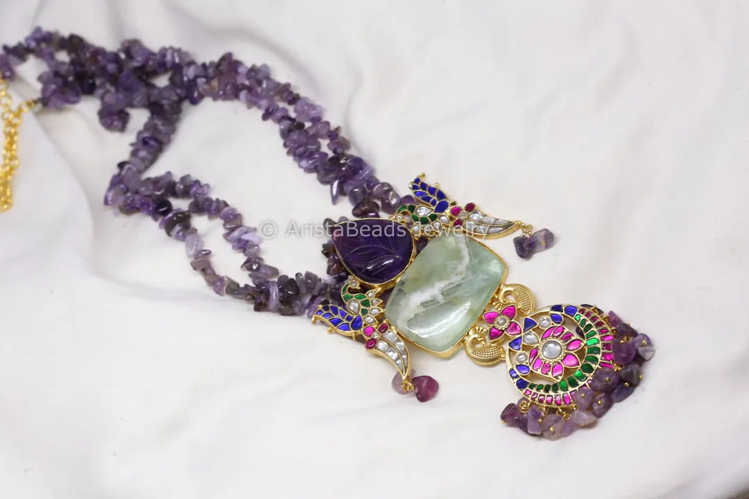 Jadau Fusion Pendant (Removable) Necklace - Amethyst & Flourite Quartz