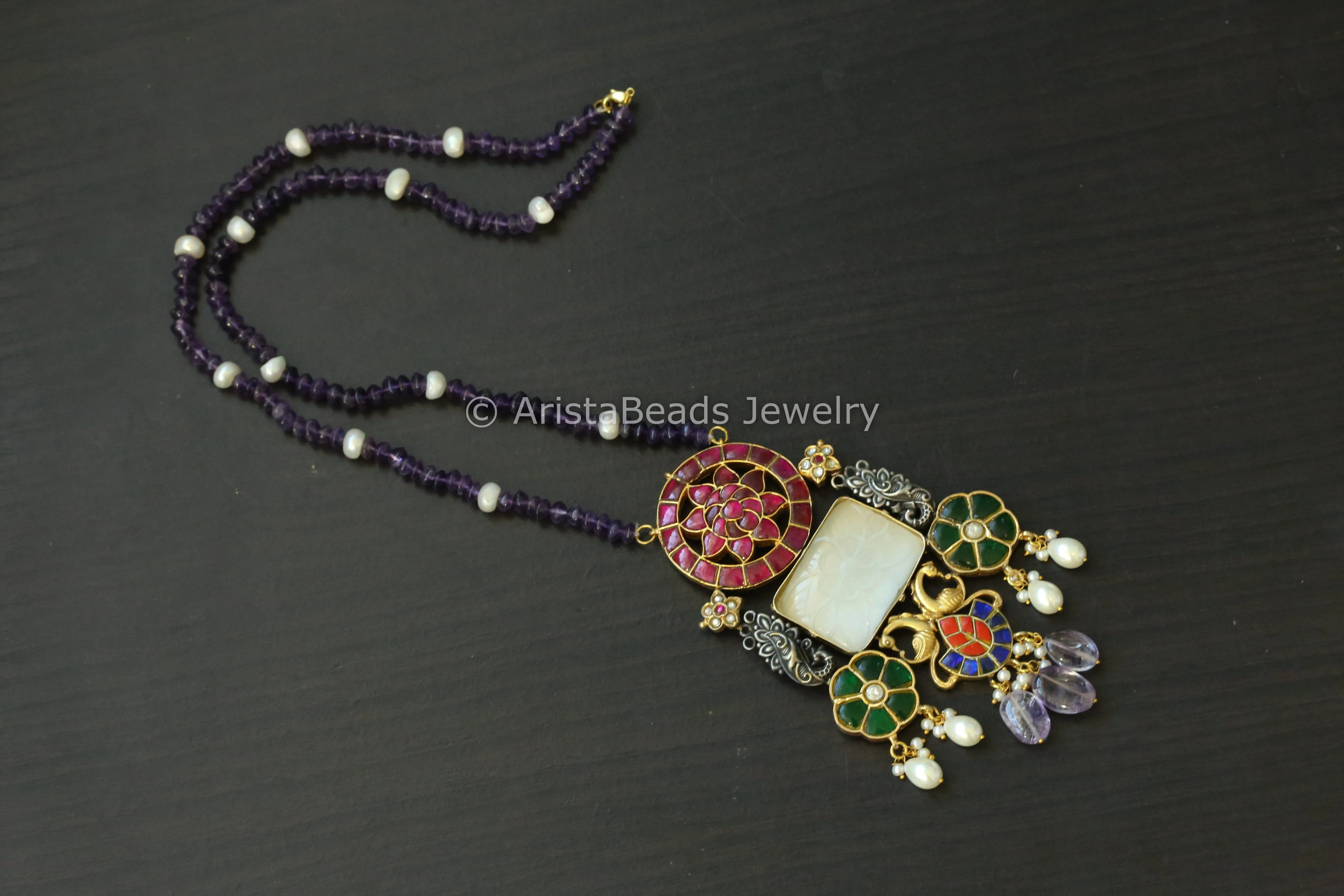 Jadau Kundan Fusion Necklace In Real Pearls & Amethyst Mala