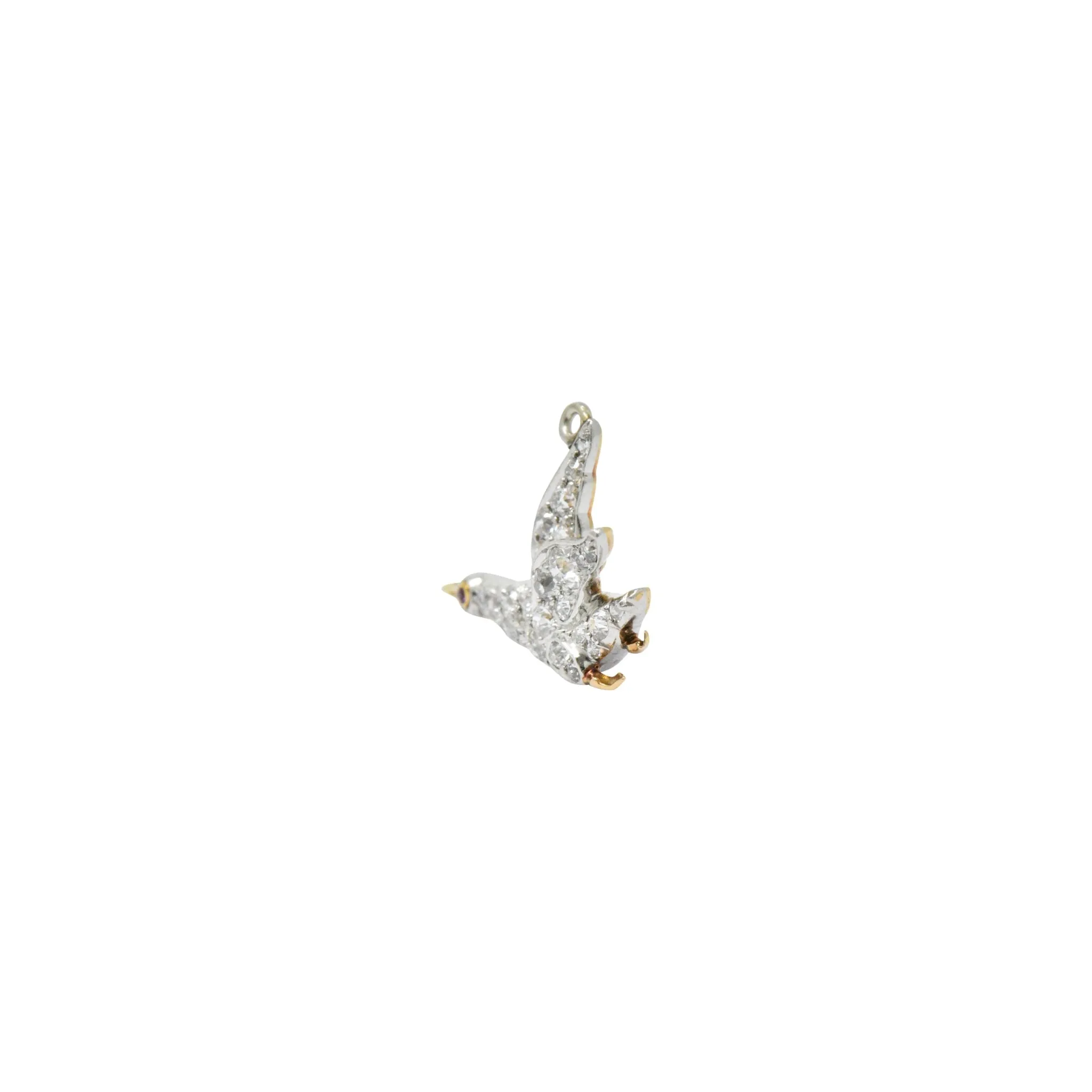 Late Victorian .40CTW Diamond Ruby & Platinum-Topped Yellow Gold Bird Charm