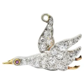 Late Victorian .40CTW Diamond Ruby & Platinum-Topped Yellow Gold Bird Charm