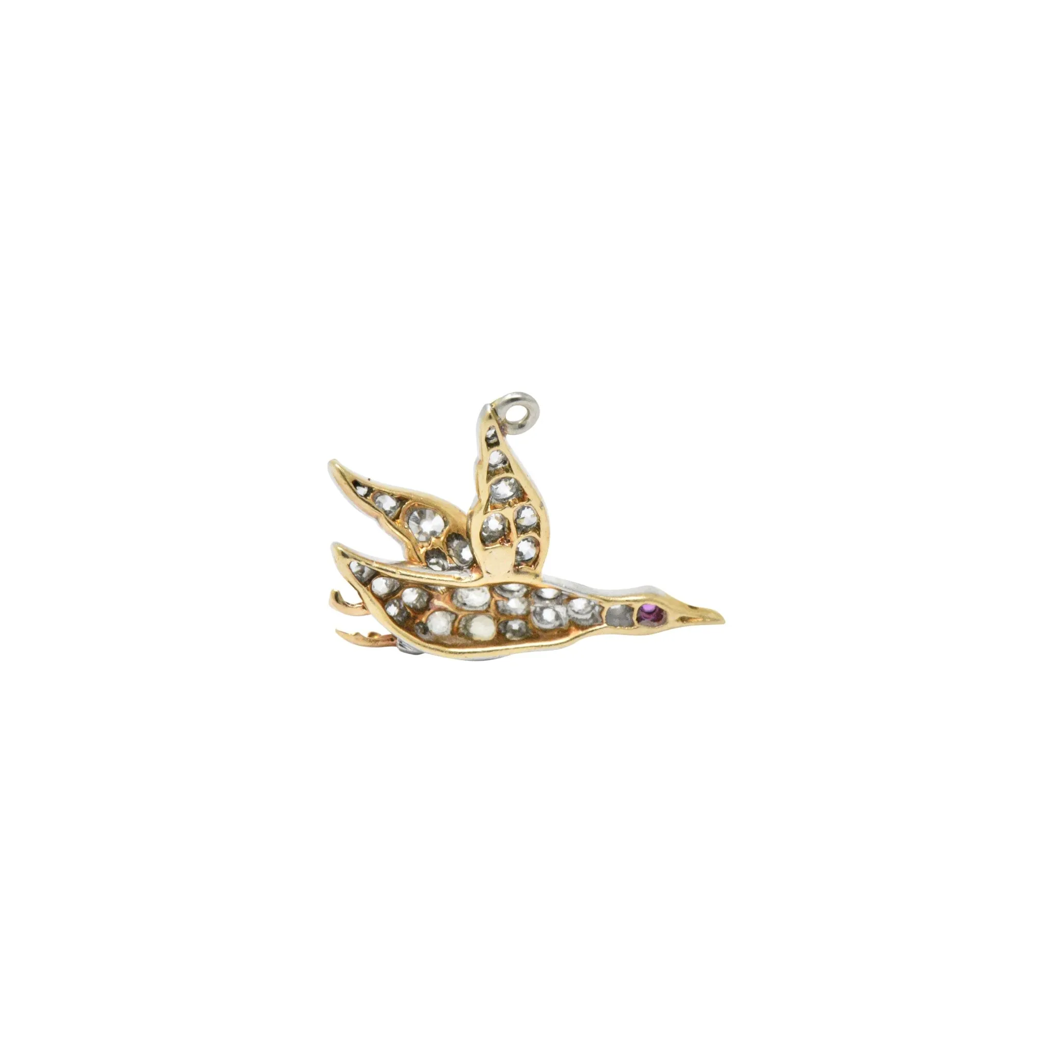 Late Victorian .40CTW Diamond Ruby & Platinum-Topped Yellow Gold Bird Charm