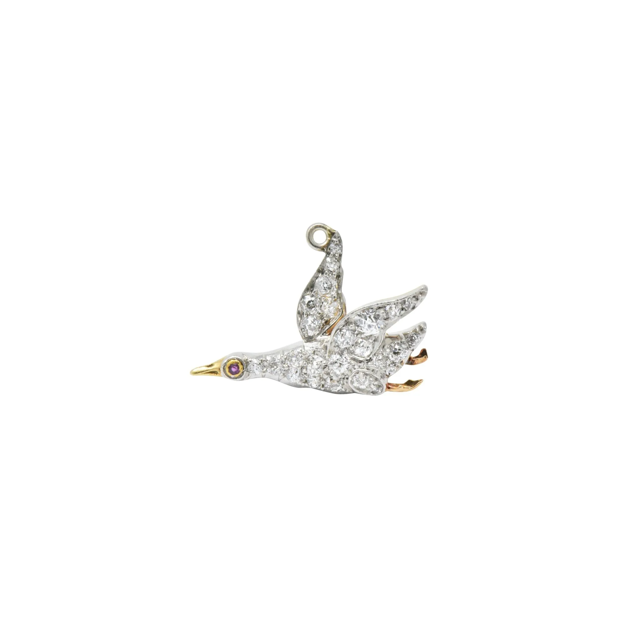 Late Victorian .40CTW Diamond Ruby & Platinum-Topped Yellow Gold Bird Charm