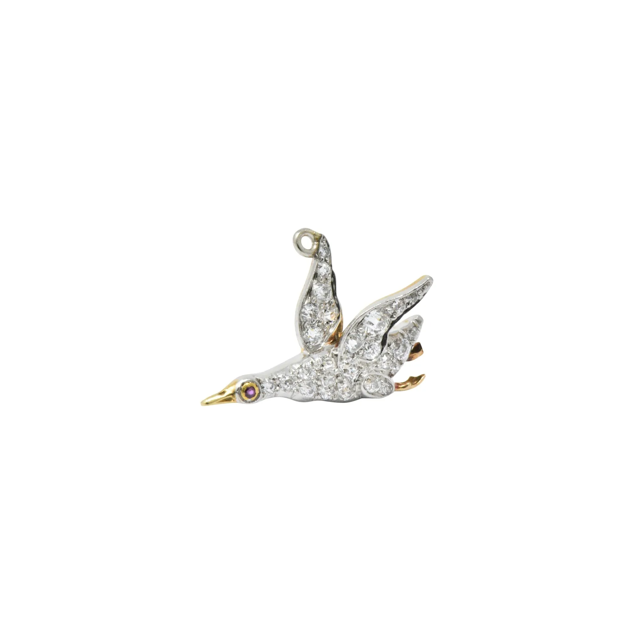 Late Victorian .40CTW Diamond Ruby & Platinum-Topped Yellow Gold Bird Charm