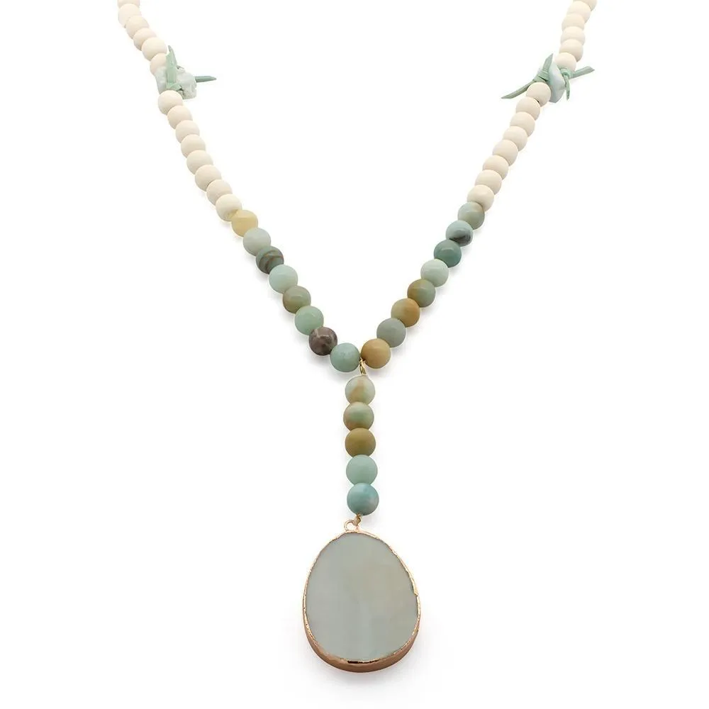 Long Suede Bead Necklace Geode Mint Green