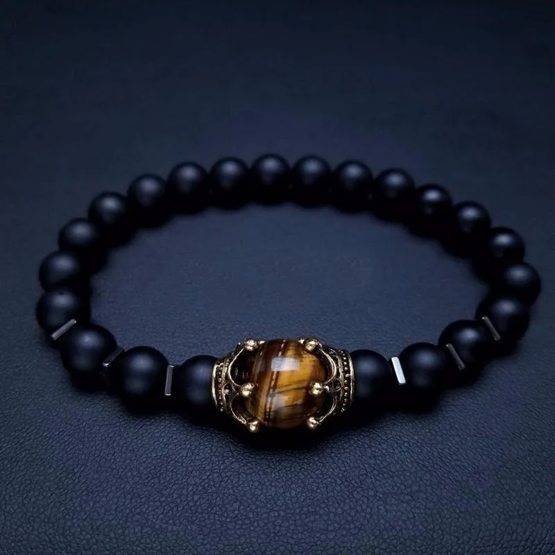 Luxury Men's Antique Crown Charm Tiger Eye Stone Bead Bracelets Jewelry