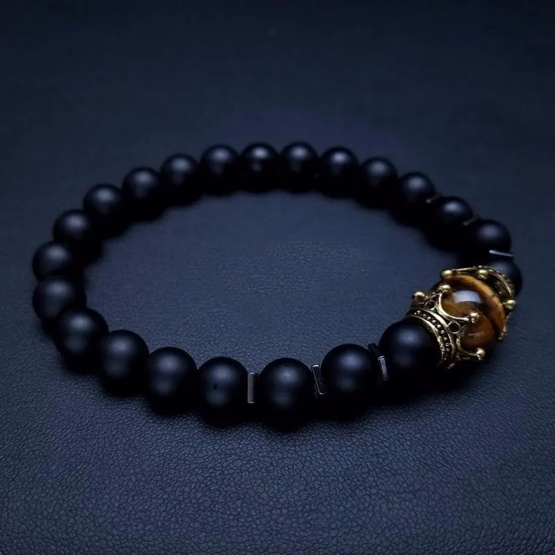 Luxury Men's Antique Crown Charm Tiger Eye Stone Bead Bracelets Jewelry