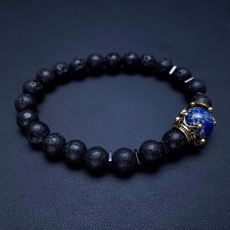 Luxury Men's Antique Crown Charm Tiger Eye Stone Bead Bracelets Jewelry