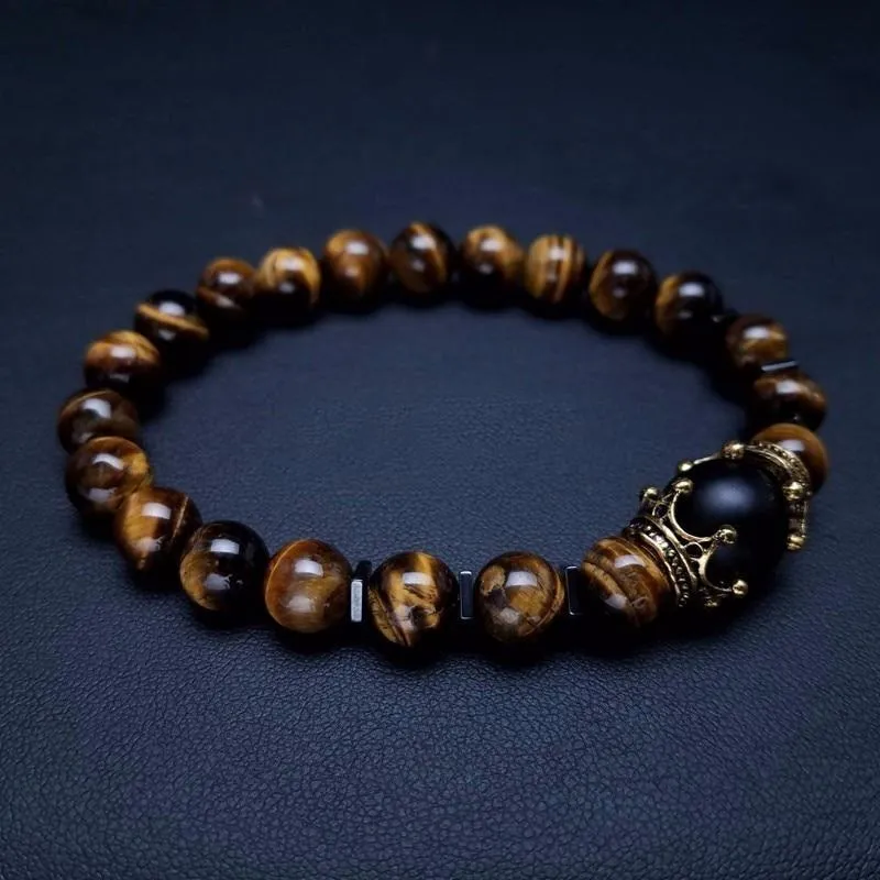 Luxury Men's Antique Crown Charm Tiger Eye Stone Bead Bracelets Jewelry