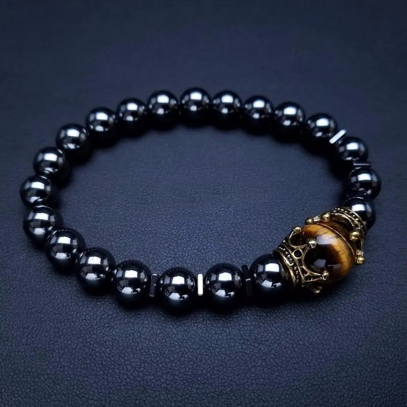 Luxury Men's Antique Crown Charm Tiger Eye Stone Bead Bracelets Jewelry