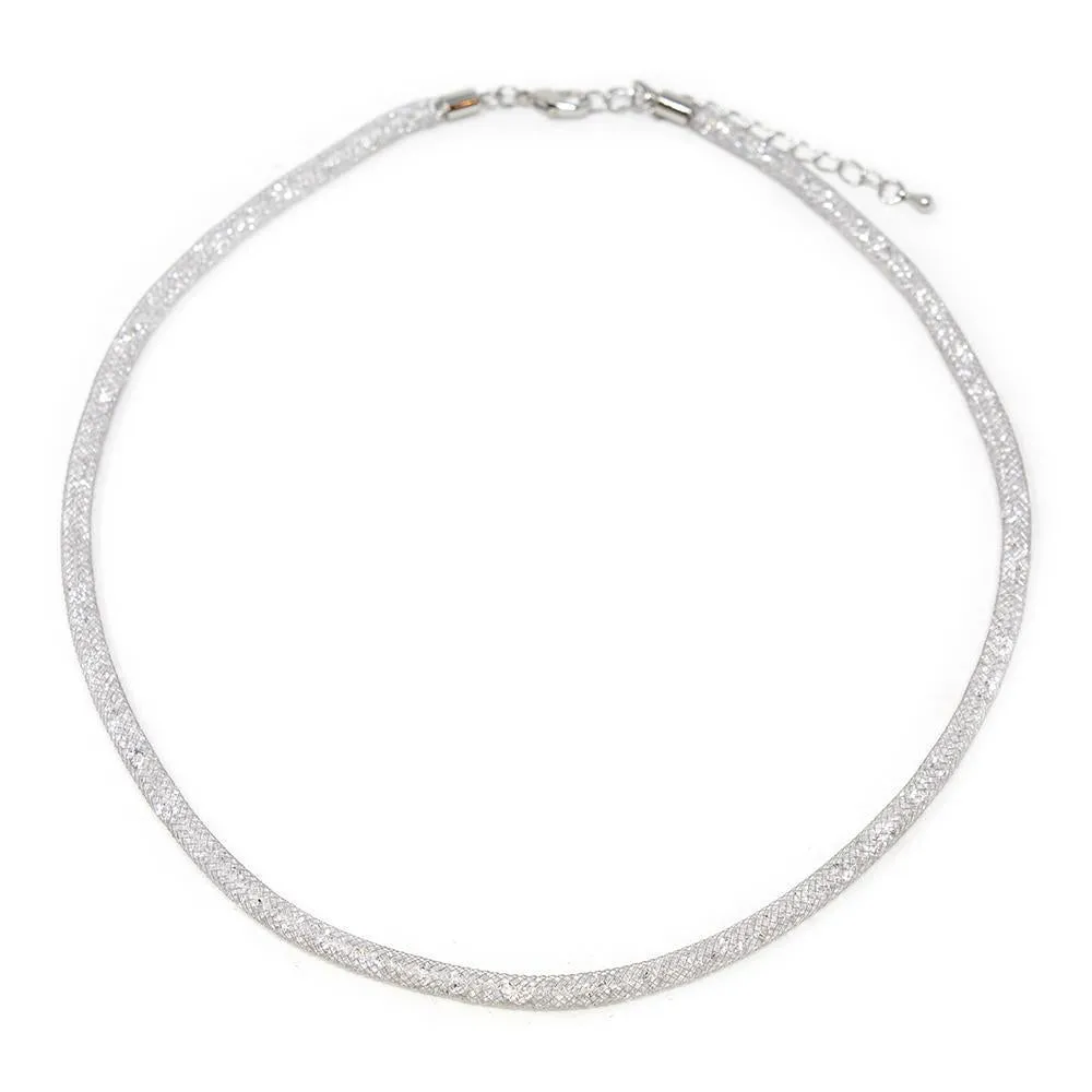 Mesh Clear Crystal Necklace Rhodium Plated