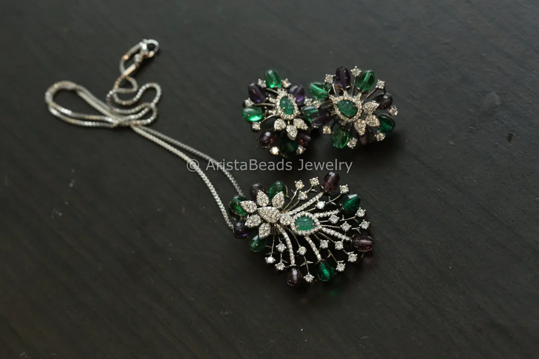 Micro CZ Victorian Pendant Set - Green Purple