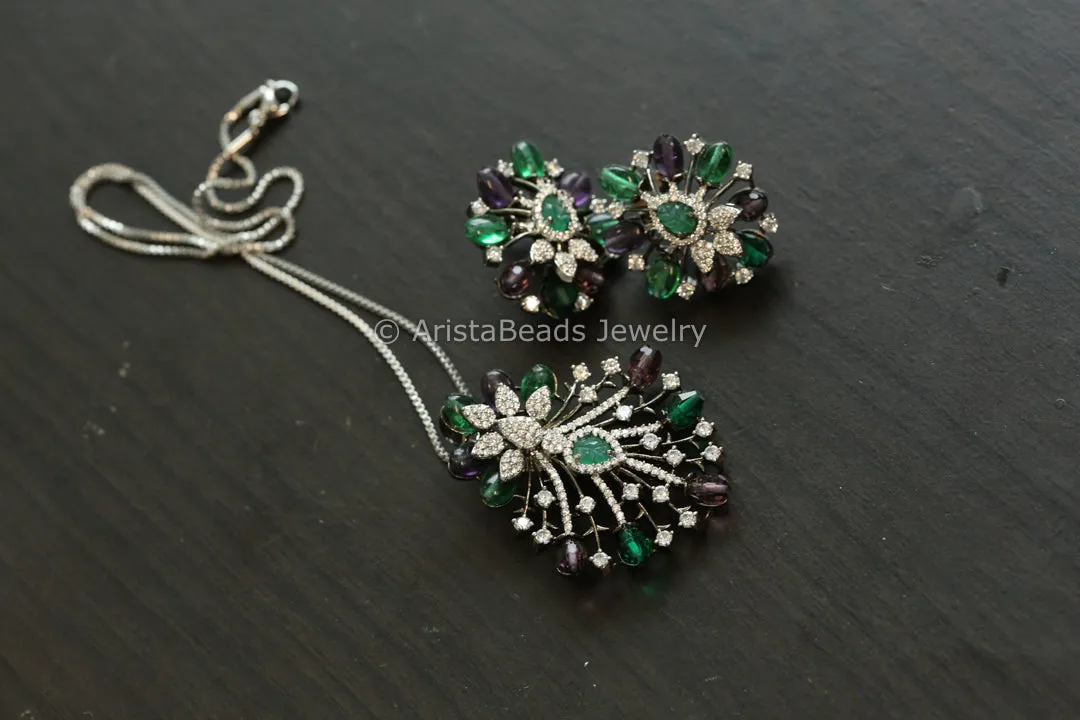 Micro CZ Victorian Pendant Set - Green Purple