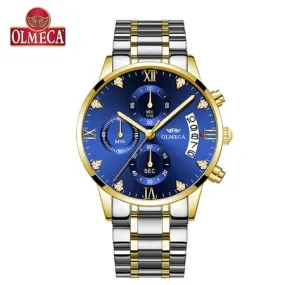 Olmeca 0878M Men Quartz Watch Stainless Steel Band Fashion Multifunction Wristwatch 3Atm Luminous Display Chronograph Calendar D