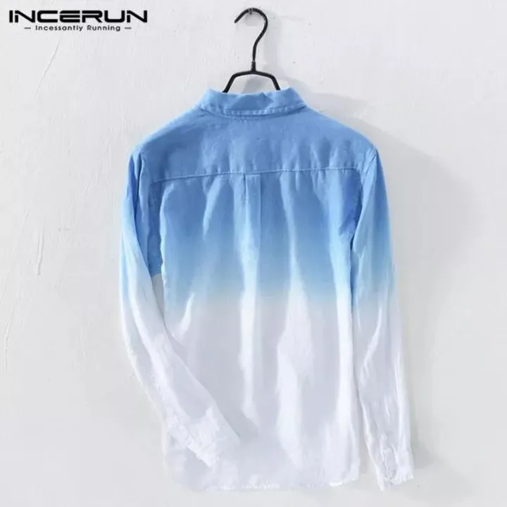 Perfectly INCERUN Men Cotton Linen Gradient Long Sleeve Shirts Casual V Neck Button Fit Tops S3228480