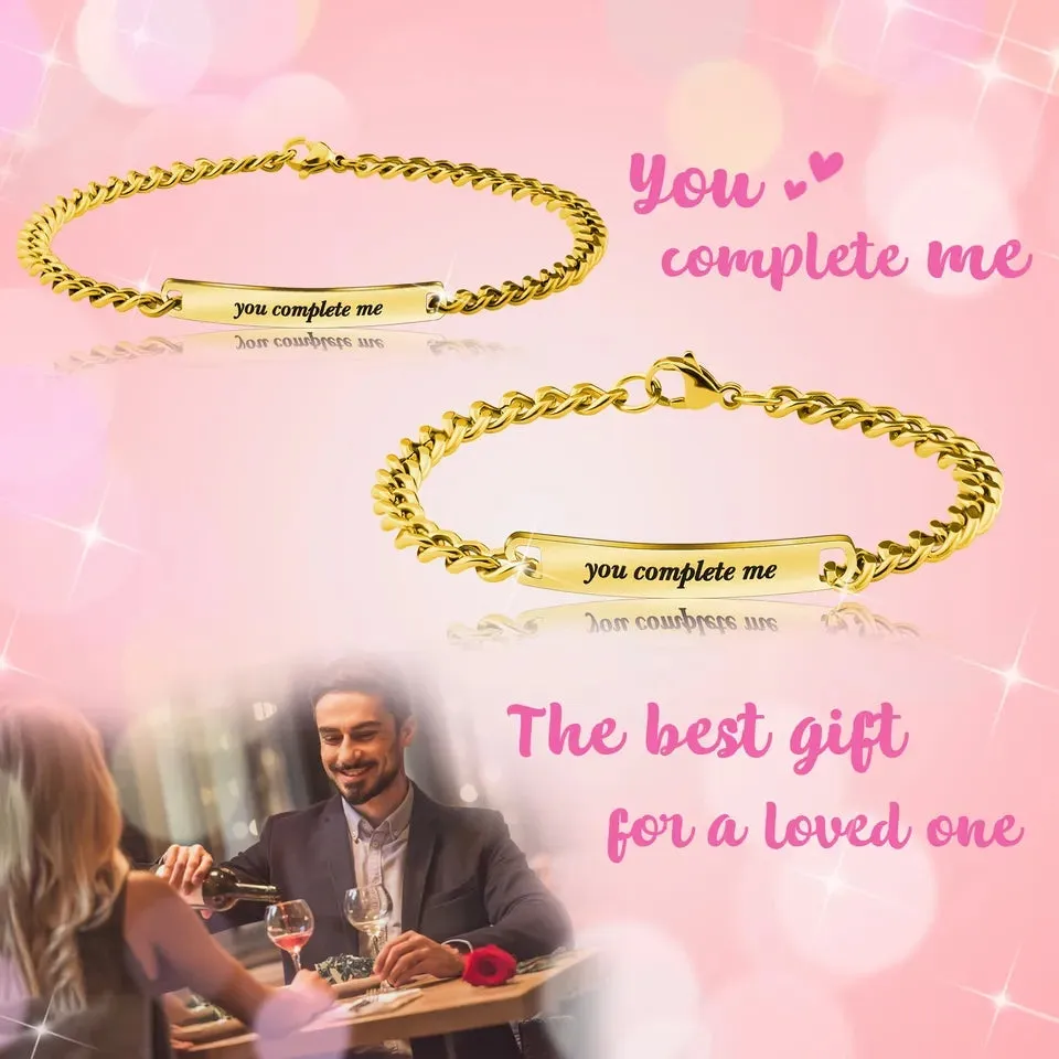 Personalized Engraved Couples Matching Bracelets Stainless Steel-Gold