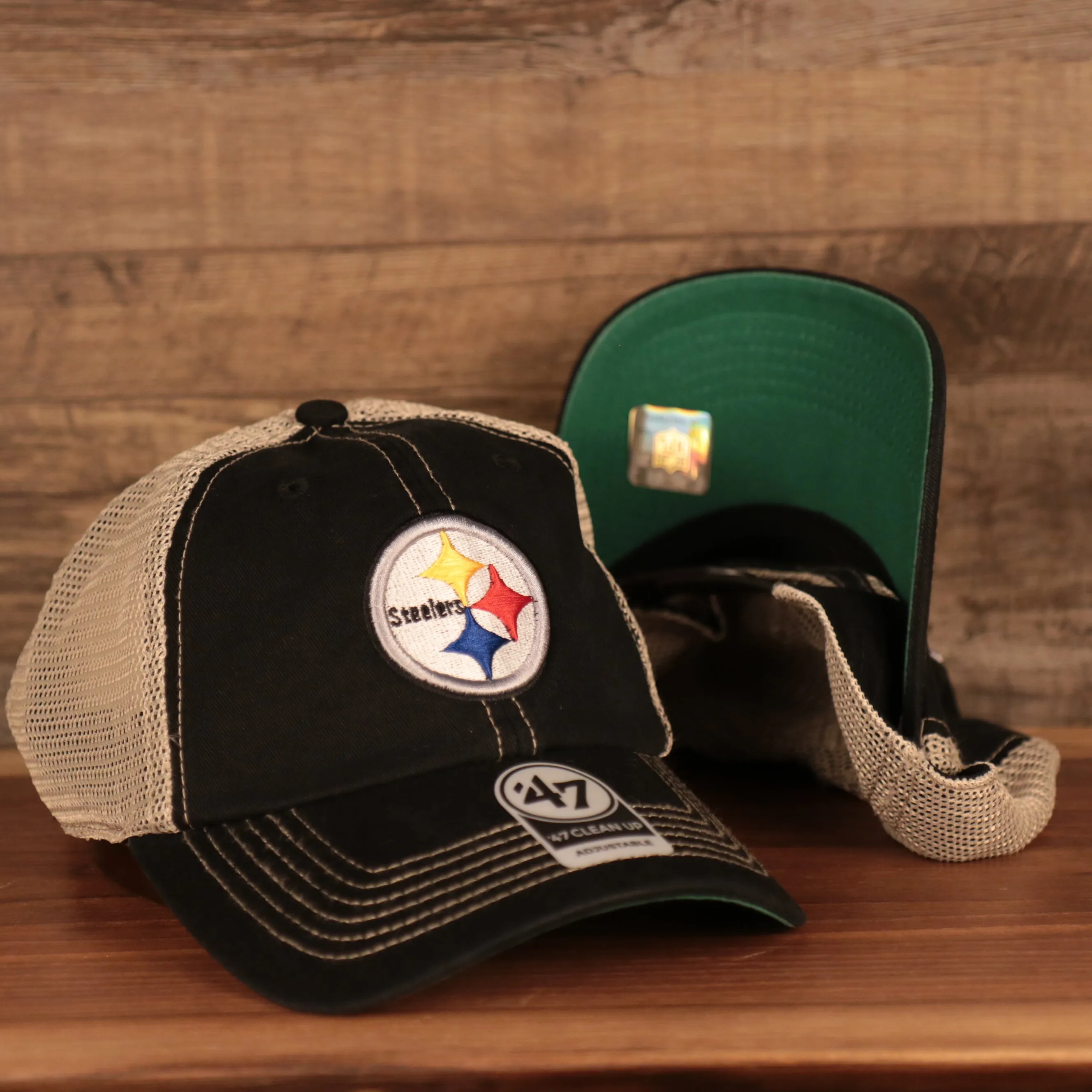 Pittsburgh Steelers Black Adjustable Green Bottom Trucker Dad Hat